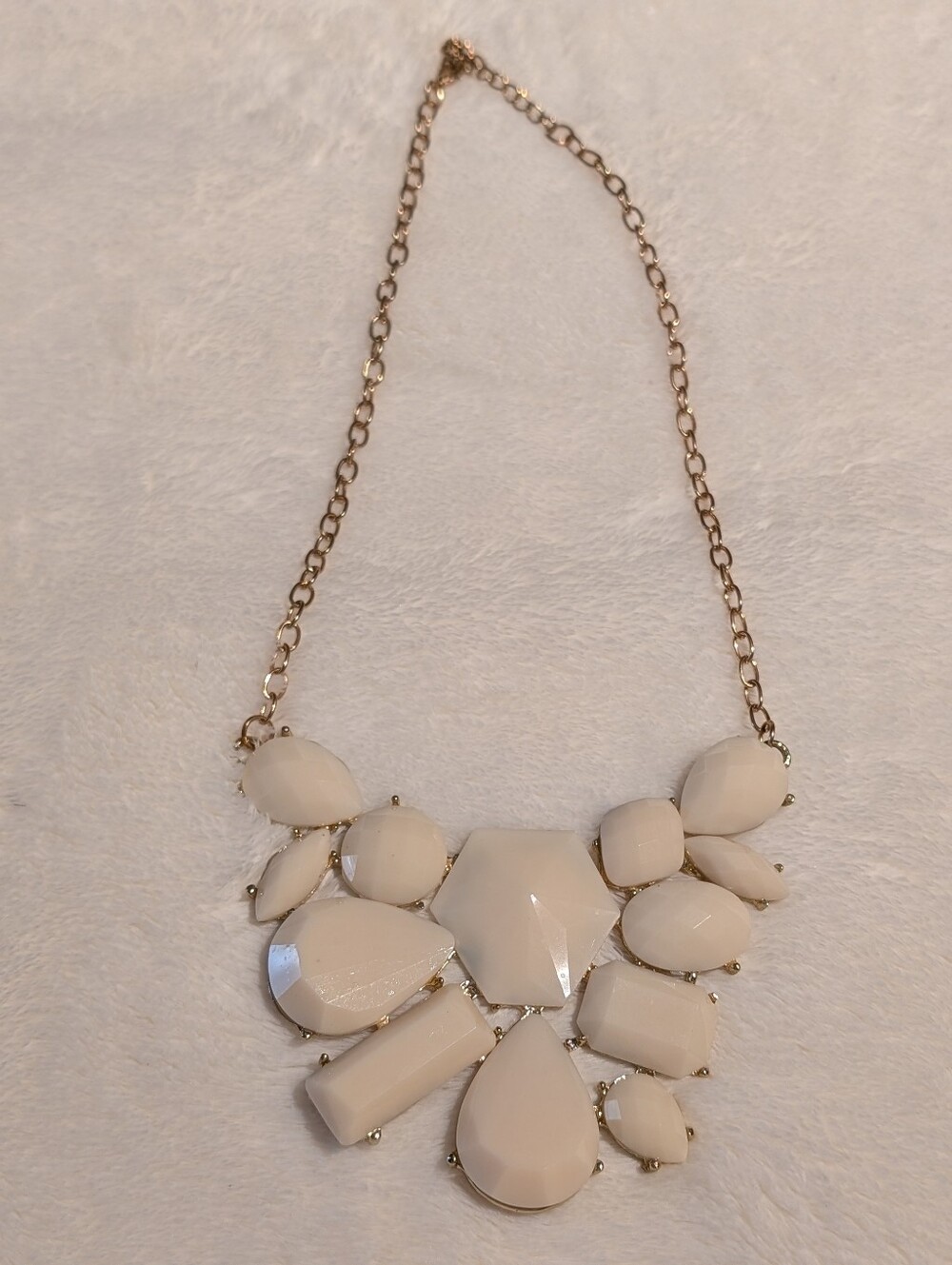 Gold Tone Chain White Statement Bib Necklace.